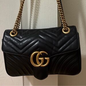 Gucci Marmont Black Chevron Shoulder Bag with Gold Chain, Size Medium